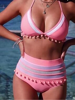 RXRXCOCO Pink High-Waist Pom Pom Bikini Set - Women Swim
